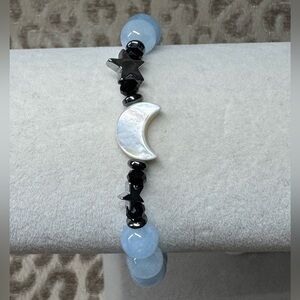 Aquamarine Natural Crystal Gemstone Stretch Moon 🌙 & Stars ⭐️ Bracelet